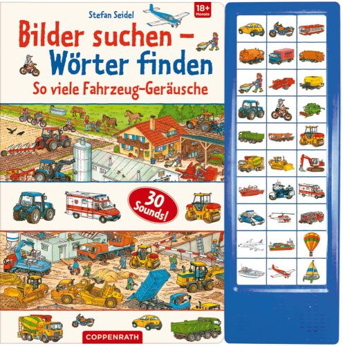 Auf dem Buchcover sind viele verschiedene Fahrzeuge in einer bunten Landschaft abgebildet. Rechts gibt es eine blaue Leiste mit Bildern und Knöpfen, die verschiedene Fahrzeuggeräusche abspielen können.
