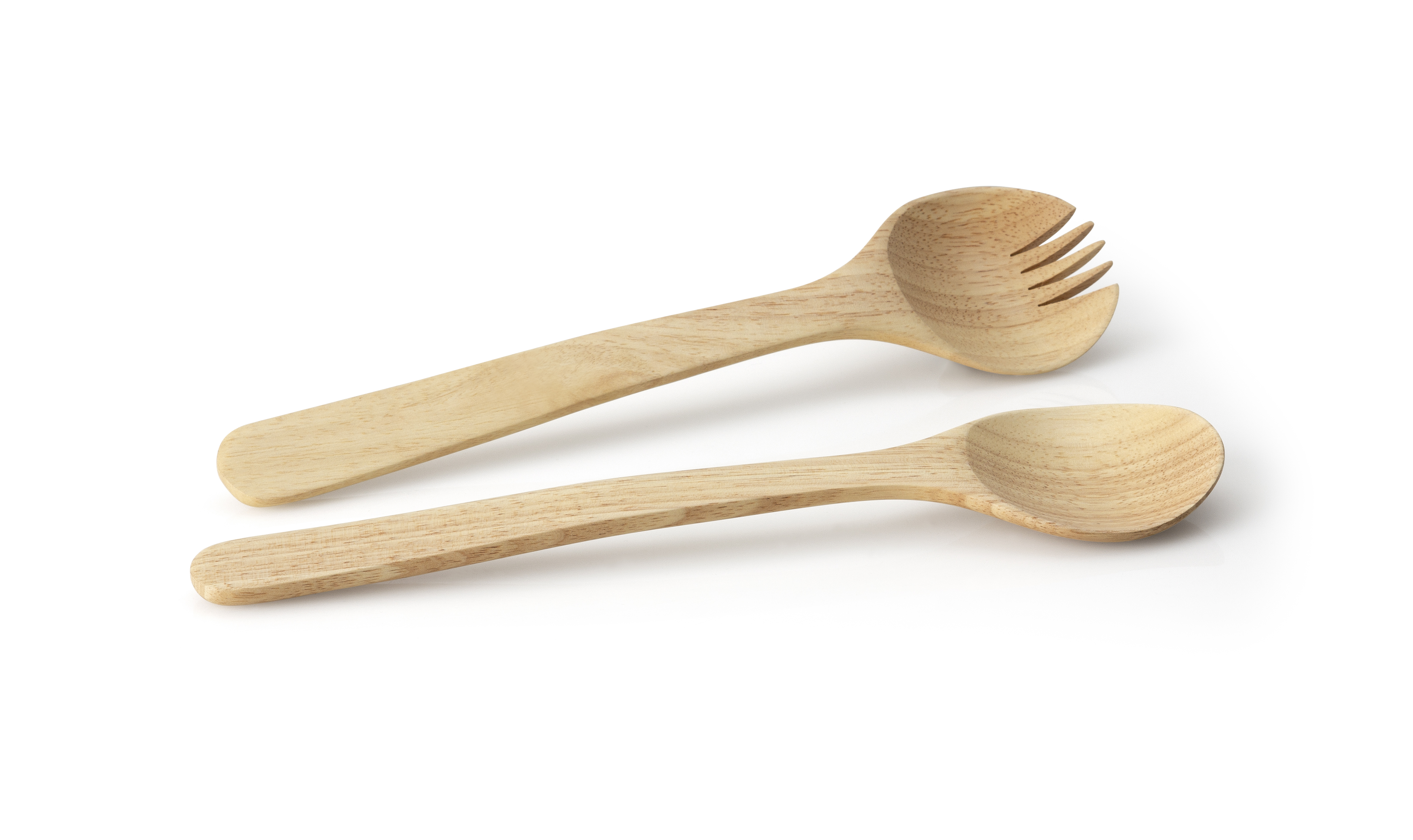 Auf dem Bild sind ein Holzlöffel und eine Holzgabel zu sehen. Sie liegen nebeneinander auf einer weißen Oberfläche.