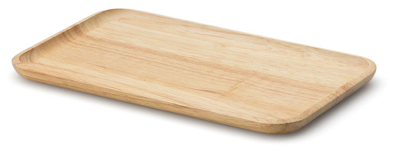 Das Bild zeigt ein rechteckiges Tablett aus Gummibaumholz. Es misst 22 x 13 cm und hat abgerundete Ecken.