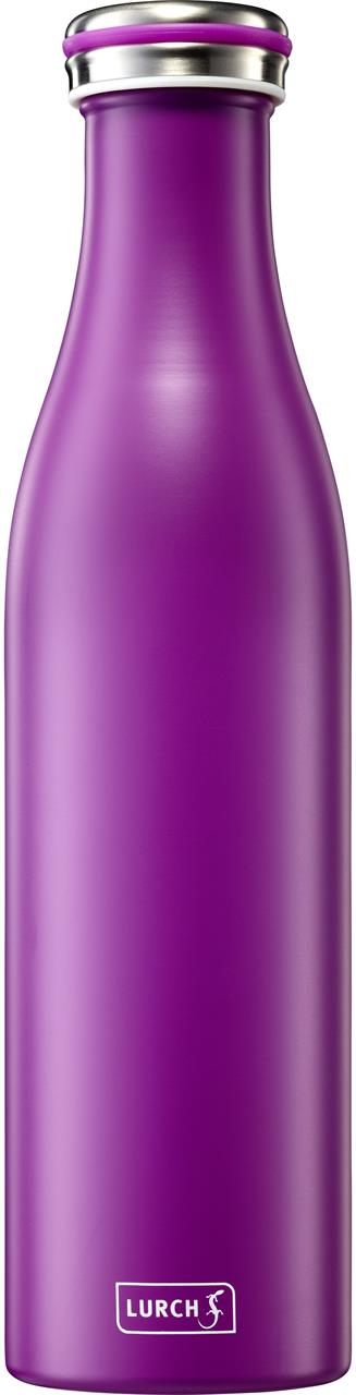 Die Abbildung zeigt eine isolierte Edelstahlflasche in der Farbe Lila mit einem Fassungsvermögen von 0,75 Litern. Auf der Vorderseite ist das Logo der Marke "Lurch" zu sehen.