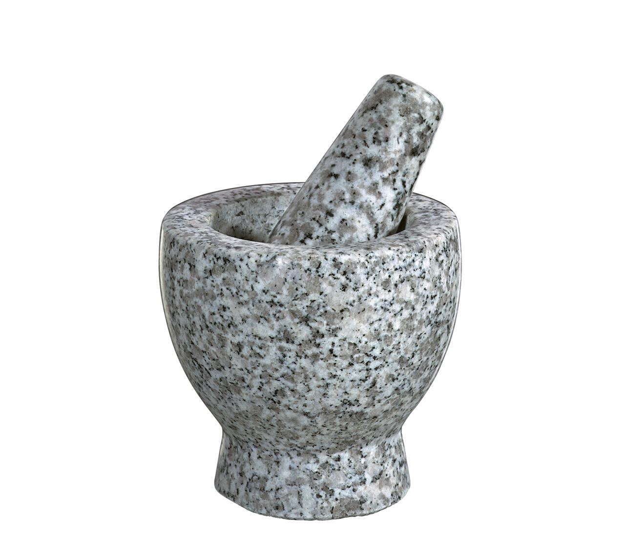 Auf dem Bild ist ein Granit-Mörser mit Stößel zu sehen. Das Produkt heißt "Granit-Mörser Eros" und hat einen Durchmesser von 9,5 cm.