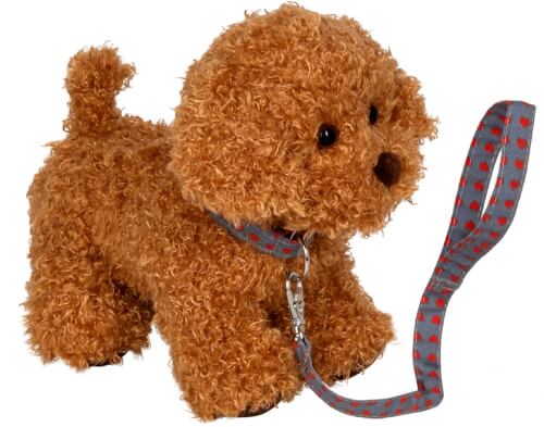 Das Bild zeigt einen Plüschhund mit braunem, lockigem Fell. Er trägt ein Halsband mit einer grauen Leine, die rote Punkte hat.