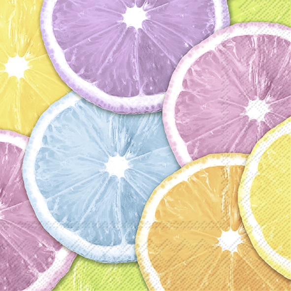 Das Bild zeigt bunte Servietten mit verschiedenen Zitrusfrucht-Designs, die an Orangenscheiben erinnern. Die Farben sind unter anderem Gelb, Lila, Blau, Orange und Rosa gestaltet.