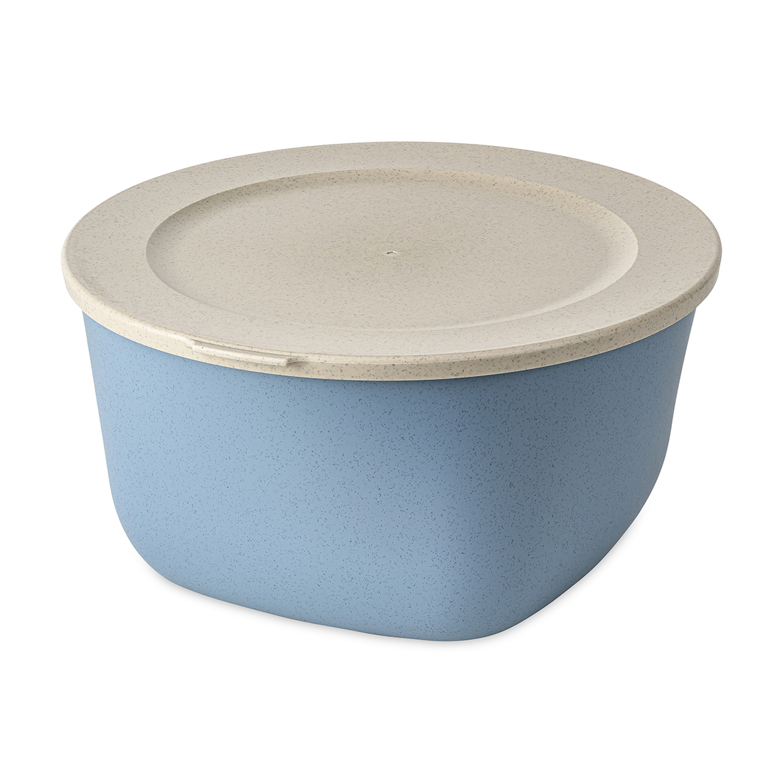Auf dem Bild ist eine blaue Kunststoffschüssel mit einem beigefarbenen Deckel zu sehen. Die Schüssel steht auf einer weißen Fläche und ist geschlossen.