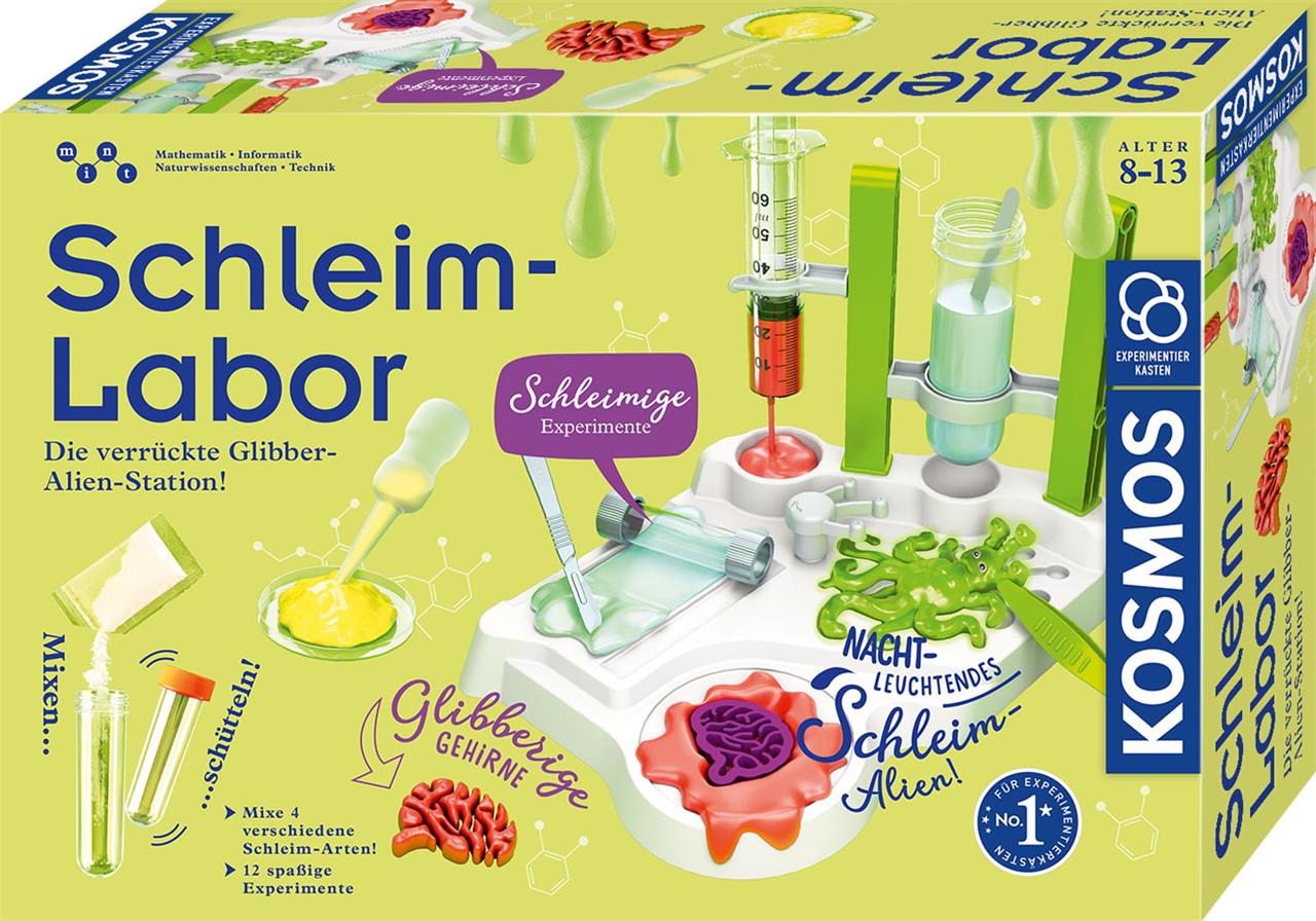 Das Bild zeigt das Produkt "Schleim-Labor – Die verrückte Glibber-Alien-Station" von Kosmos. Es ist ein Experimentierkasten für Kinder von 8 bis 13 Jahren, mit dem man verschiedene schleimige Experimente machen kann.