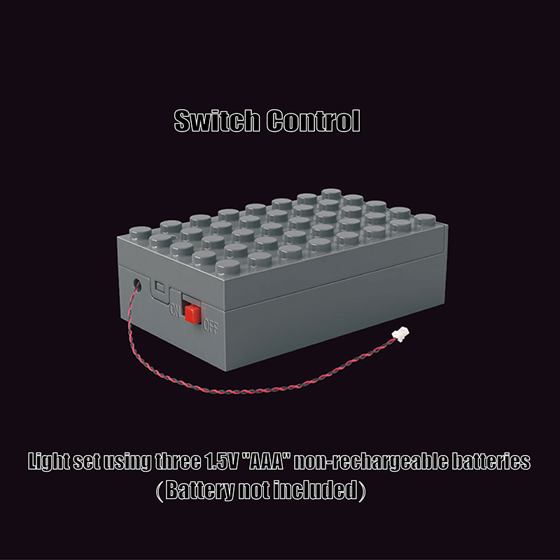 Das Bild zeigt die Mould King® 27000 Minicar Lighting Showcase mit Schaltersteuerung. Das Lichtset benötigt drei 1,5V "AAA" nicht wiederaufladbare Batterien, die nicht enthalten sind.