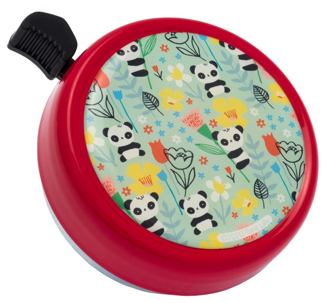 Die Abbildung zeigt eine rote Fahrradklingel mit buntem Panda- und Blumenmuster. Die Klingel heißt "Fahrradklingel Big Colour Panda Red".