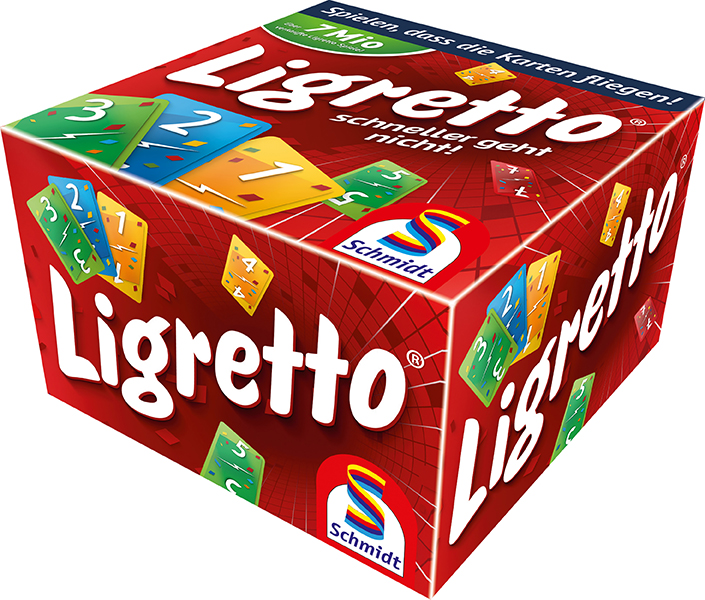 Auf dem Bild ist die Spieleverpackung "Ligretto® rot" zu sehen. Die Schachtel ist rot und zeigt bunte Spielkarten sowie das Logo von Schmidt Spiele.