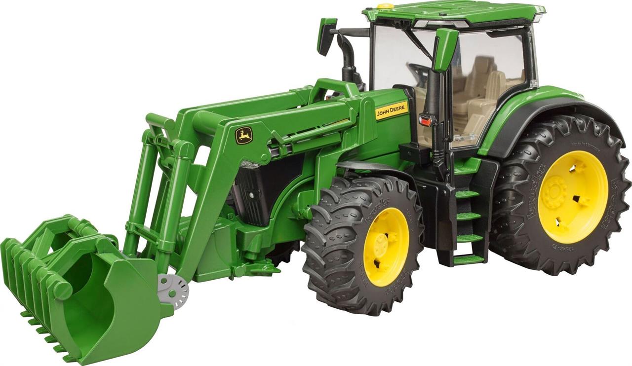 Das Bild zeigt einen John Deere 7R 350 Traktor mit Frontlader. Der grüne Traktor hat große gelbe Räder und eine geräumige Fahrerkabine.