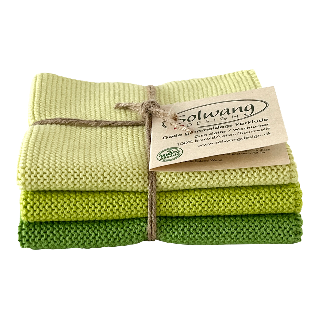 Spültücher Dreier-Set in hellgrüner Kombination aus Bio-Baumwolle, je 25x25 cm. Diese Tücher sind vielseitig in der Küche einsetzbar.