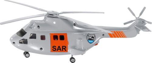 Auf dem Bild ist ein grauer Hubschrauber mit orangenen Details zu sehen. An der Seite steht "SAR", was für Such- und Rettungsdienst steht.