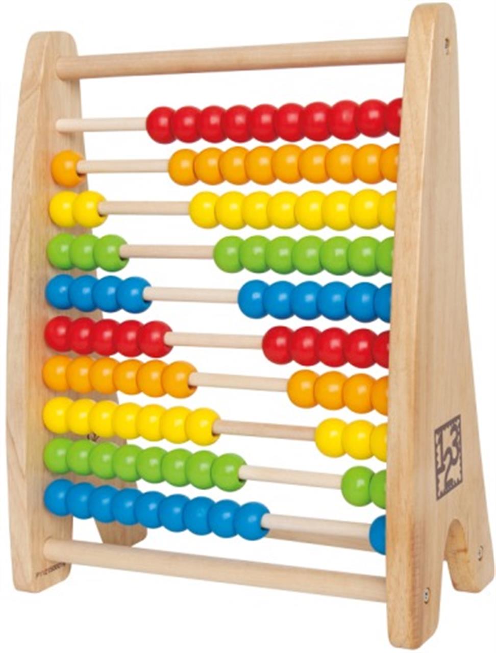 Das Bild zeigt einen bunten Abakus aus Holz, genannt "Regenbogen Abacus Zählrahmen". Die Perlen sind in verschiedenen Farben angeordnet und eignen sich zum Zählen und Rechnen lernen.