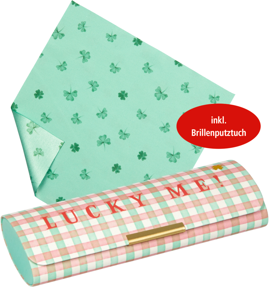 Zu sehen ist das Produkt 'Brillenetui Mit Putztuch - Viel Glück'. Das Set beinhaltet ein Etui für Brillen und ein passendes Putztuch.