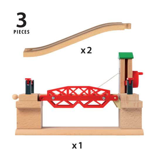 Das Bild zeigt das BRIO® Hebebrücke 33757 Set, das aus drei Teilen besteht. Es enthält zwei gebogene Holzschienen und eine rote Hebebrücke.
