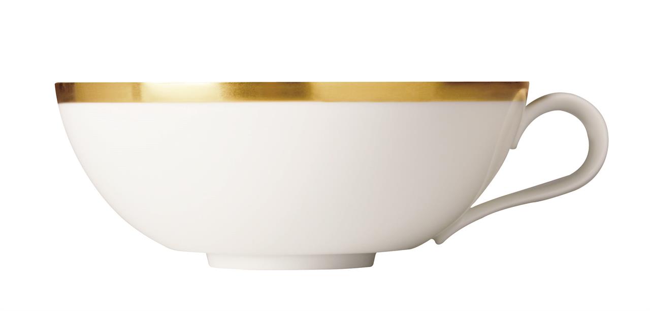 Die Abbildung zeigt eine elegante Teetasse mit einem goldenen Rand. Die Tasse ist weiß und hat ein Fassungsvermögen von 0,20 Litern.