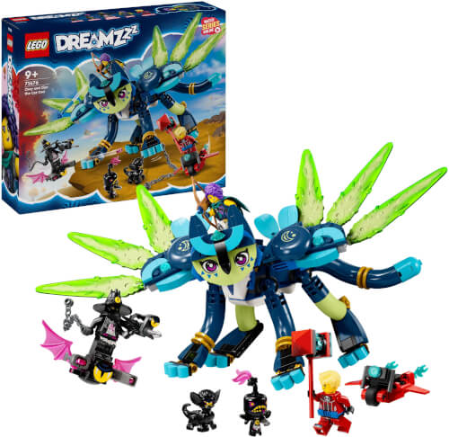 Das Bild zeigt ein LEGO DREAMZzz Set mit einer großen, bunten Tierfigur mit grünen Flügeln und mehreren Spielfiguren. Im Hintergrund ist die Verpackung des LEGO Sets zu sehen.