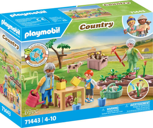 Auf dem Bild ist eine Playmobil-Spielzeugbox aus der Reihe "Country" zu sehen. Das Set zeigt eine Gartenszene mit Figuren, Tieren und Pflanzen für Kinder im Alter von 4 bis 10 Jahren.