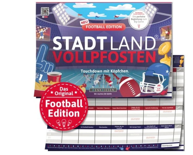 Das Bild zeigt die 'STADT LAND VOLLPFOSTEN® Football Edition'. Das Spiel richtet sich an Fußballbegeisterte.