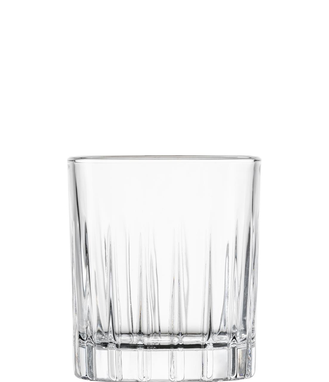 Das Bild zeigt ein klares Schnapsglas mit einem eleganten, geriffelten Muster. Es handelt sich um das Produkt "4er Schnaps 35 Stage".