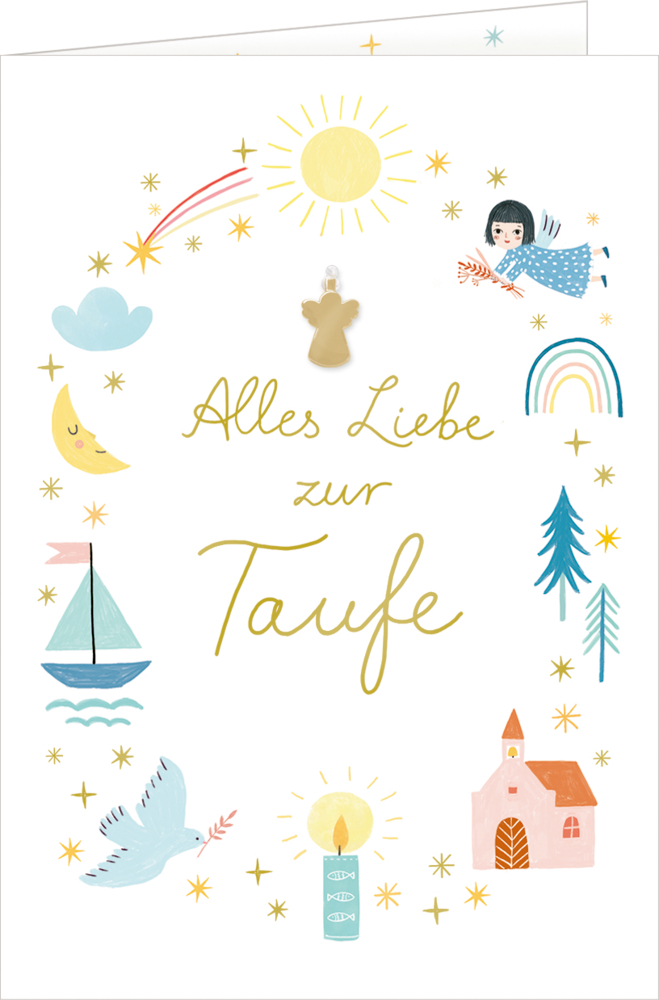 Abgebildet ist die Grußkarte Alles Liebe zur Taufe (mit kleinem Engelan). Sie ist ein schönes Geschenk für Taufanlässe.