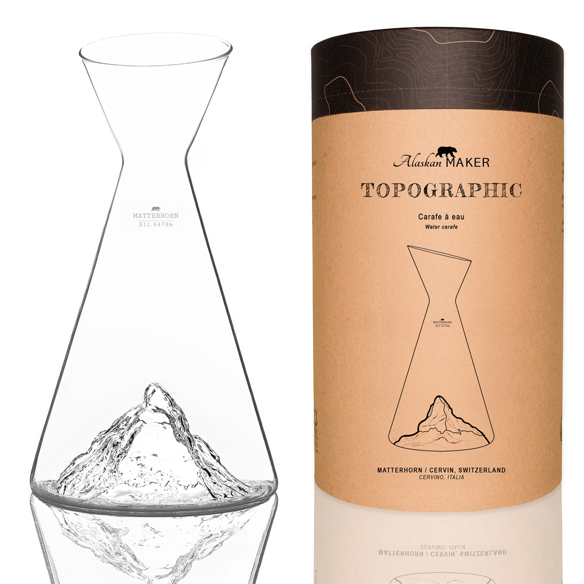 Wasserkaraffe - Topographic Matterhorn. Die Karaffe zeigt das Matterhorn in topografischem Design.
