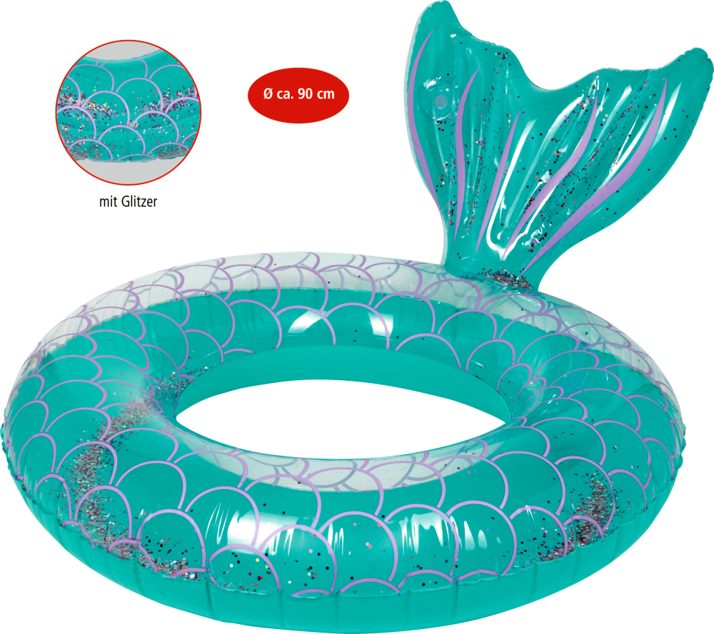 Der "Nella Nixe - Wasserring" ist ein aufblasbarer Schwimmring in Meerjungfrauenform mit Glitzereffekt. Er hat einen Durchmesser von ca. 90 cm.