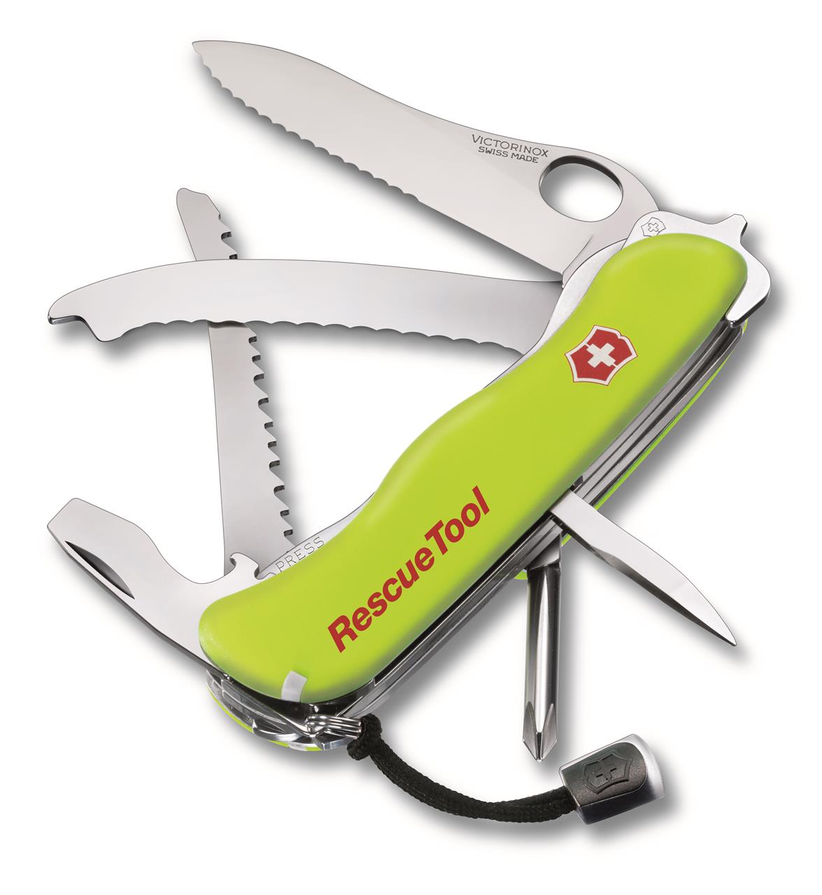 Das Bild zeigt ein gelbes, nachtleuchtendes Rescue-Tool Taschenmesser mit mehreren ausgeklappten Werkzeugen. Auf dem Griff steht "Rescue Tool" und das Victorinox-Logo ist sichtbar.