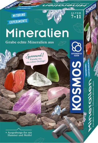 Auf dem Bild ist eine Experimentierbox mit dem Titel „Mineralien“ zu sehen. Die Schachtel zeigt bunte Mineralien und Werkzeuge zum Ausgraben für Kinder im Alter von 7 bis 11 Jahren.