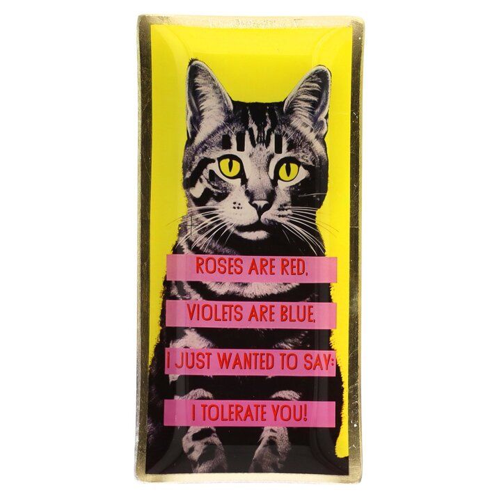 Love Plates Glasteller in Größe L mit einem gelben Katzenmotiv. Moderner und farbenfroher Designakzent.