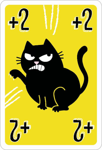 Auf der Karte ist eine schwarze, wütend dreinschauende Katze auf gelbem Hintergrund zu sehen. In den Ecken steht jeweils "+2".
