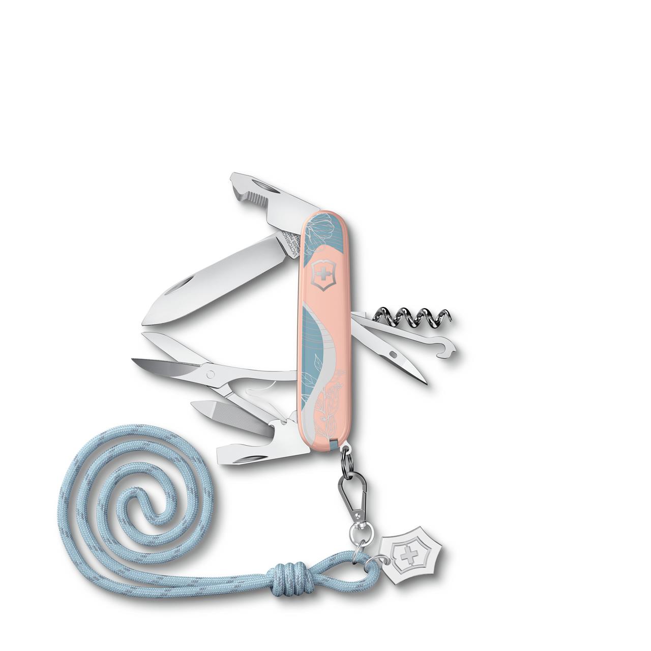 Das Bild zeigt ein multifunktionales Taschenmesser im "Paris Style" mit mehreren ausgeklappten Werkzeugen. Es hat ein pastellfarbenes Design und ist mit einer blauen Kordel und Anhänger versehen.