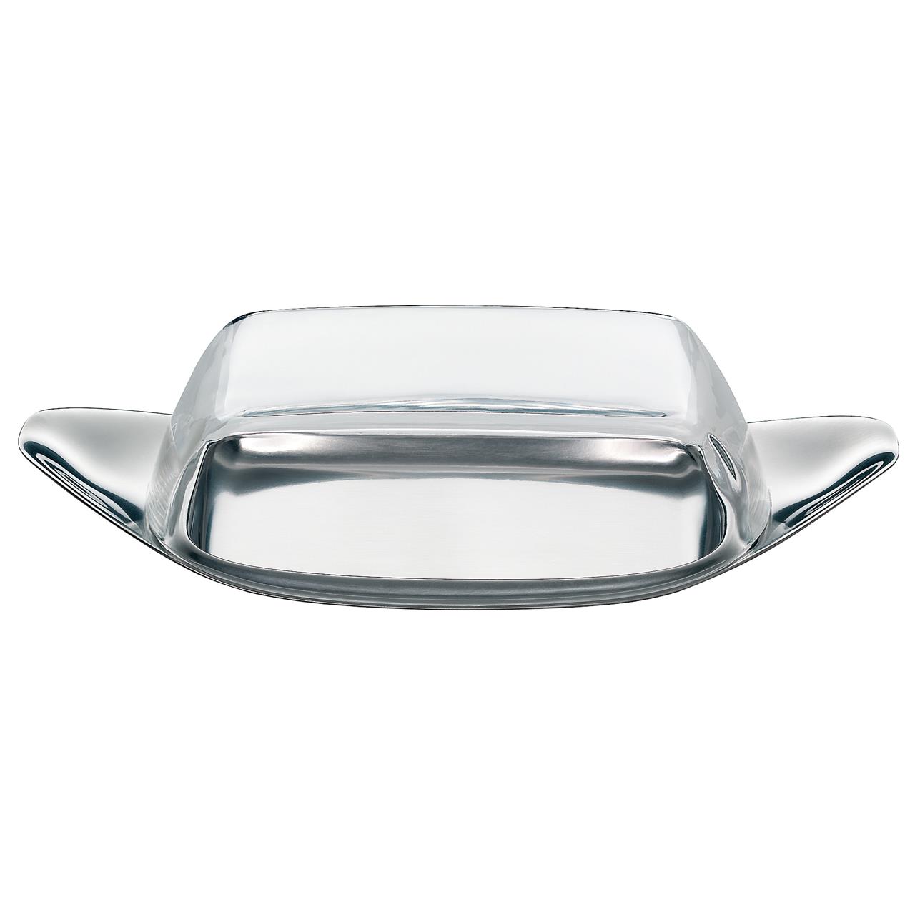 Die Butterdose Wagenfeld Edition besteht aus einer glänzenden Metallschale und einem glasklaren Deckel. Ihr Design wirkt modern und elegant.