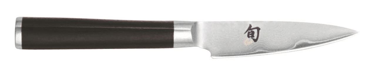 Das Bild zeigt ein Officemesser mit einer Klingenlänge von 9 cm der Marke Shun. Das Messer hat eine silberne Klinge mit einem dunklen Griff.