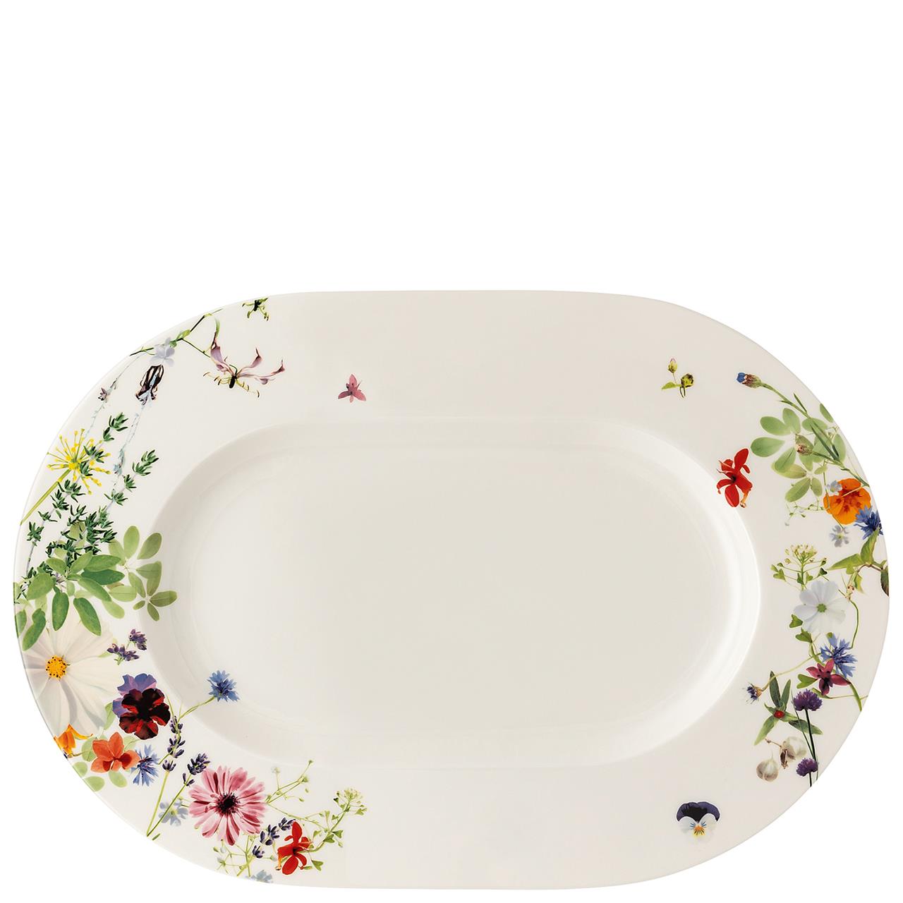 Diese ovale Platte ist 41 cm groß und trägt den Namen "Brillance / Grand Air". Sie ist mit bunten Blumenmotiven und Schmetterlingen verziert.