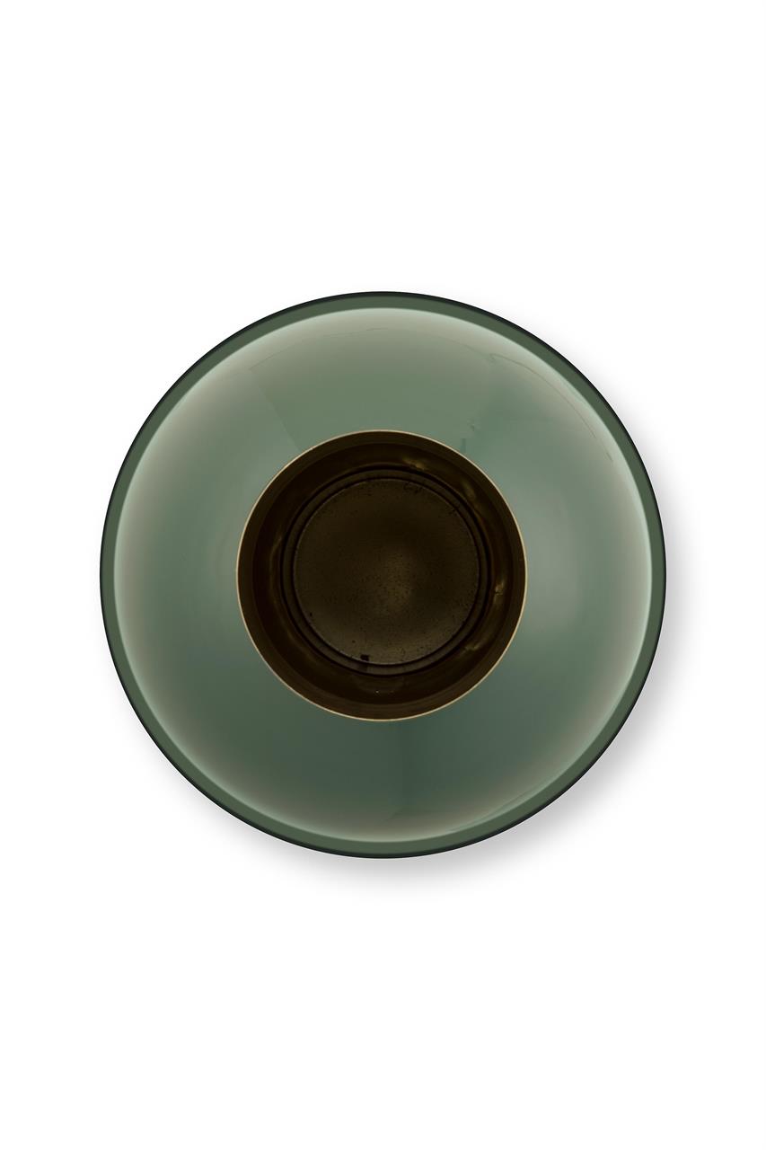 Die Abbildung zeigt eine mittelgroße Vase aus Metall in mittlerem Grün, von oben betrachtet. Die Vase hat einen runden, offenen Rand mit einem dunkleren inneren Kern.