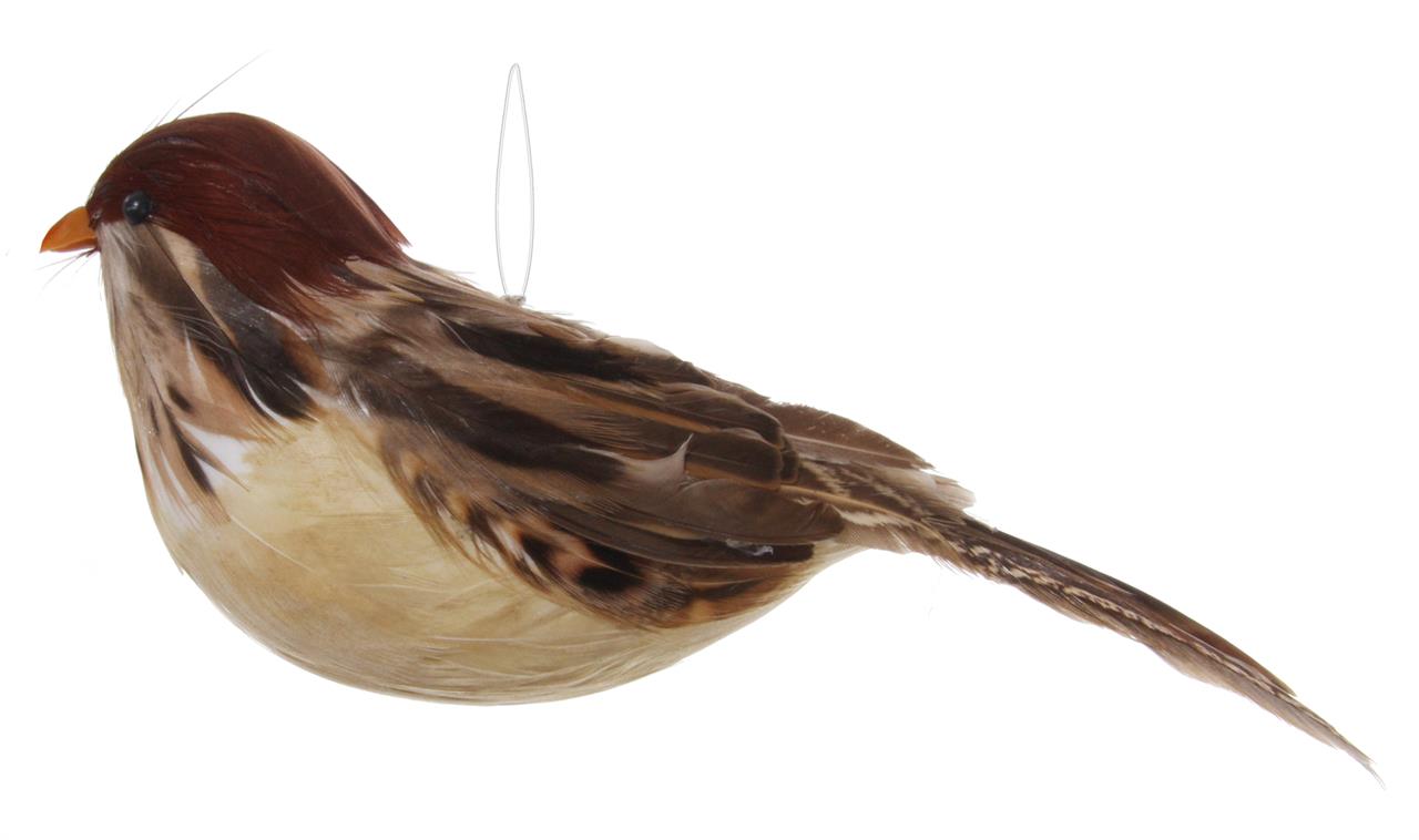 Das Bild zeigt einen künstlichen Spatz aus Federn mit einer Länge von 18 cm. Der Vogel hat braune, beige und schwarze Farbtöne und einen kleinen orangefarbenen Schnabel.