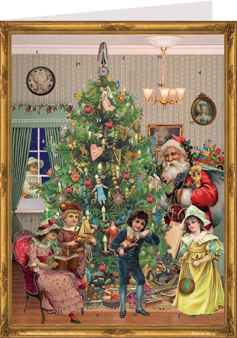 Auf dem Bild ist eine nostalgische Adventskalenderkarte mit einem festlich geschmückten Weihnachtsbaum und spielenden Kindern vor einem Kamin zu sehen. Im Hintergrund steht der Weihnachtsmann mit Geschenken, und überall sind nummerierte Türchen verteilt.