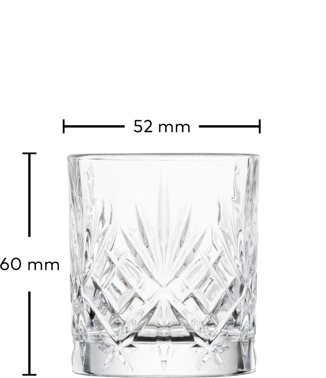 Das Bild zeigt ein Schnapsglas mit einem dekorativen Muster. Das Glas ist 60 mm hoch und hat einen Durchmesser von 52 mm.