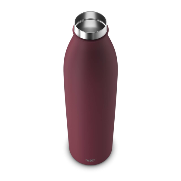Abgebildet ist eine dunkelrote Isolierflasche. Das Produkt steht auf einer hellen Fläche.