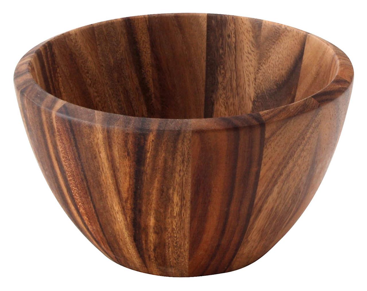 Die Abbildung zeigt eine Schüssel aus Akazienholz mit einem Durchmesser von 25 cm und einer Höhe von 14,5 cm. Die Schüssel hat eine schöne, natürliche Holzmaserung und eine runde Form.