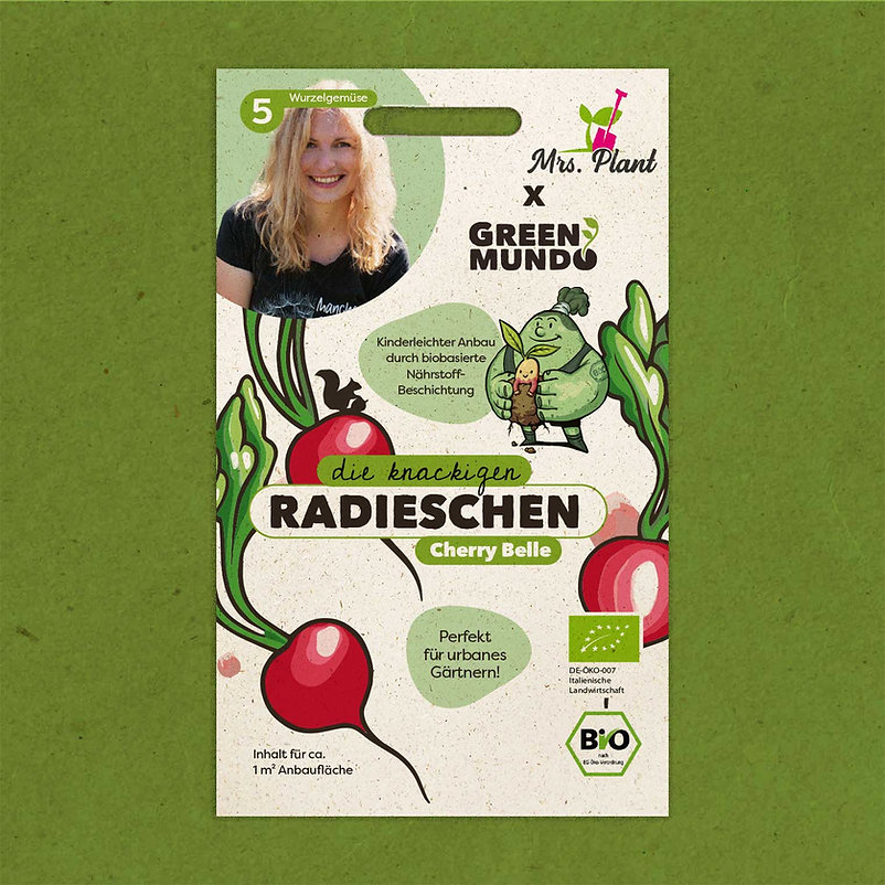 Auf dem Bild ist eine Verpackung für BIO-Saatgut der Radieschensorte "Cherry Belle" zu sehen. Die Verpackung zeigt bunte Illustrationen von Radieschen und enthält Informationen über die einfache Anzucht und Eignung für urbanes Gärtnern.