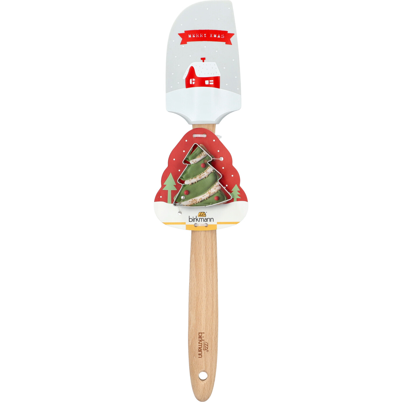 Teigschaber mit Ausstecher, Haus. Ein Teigschaber mit einem Haus-Motiv und dazugehörigem Ausstecher.