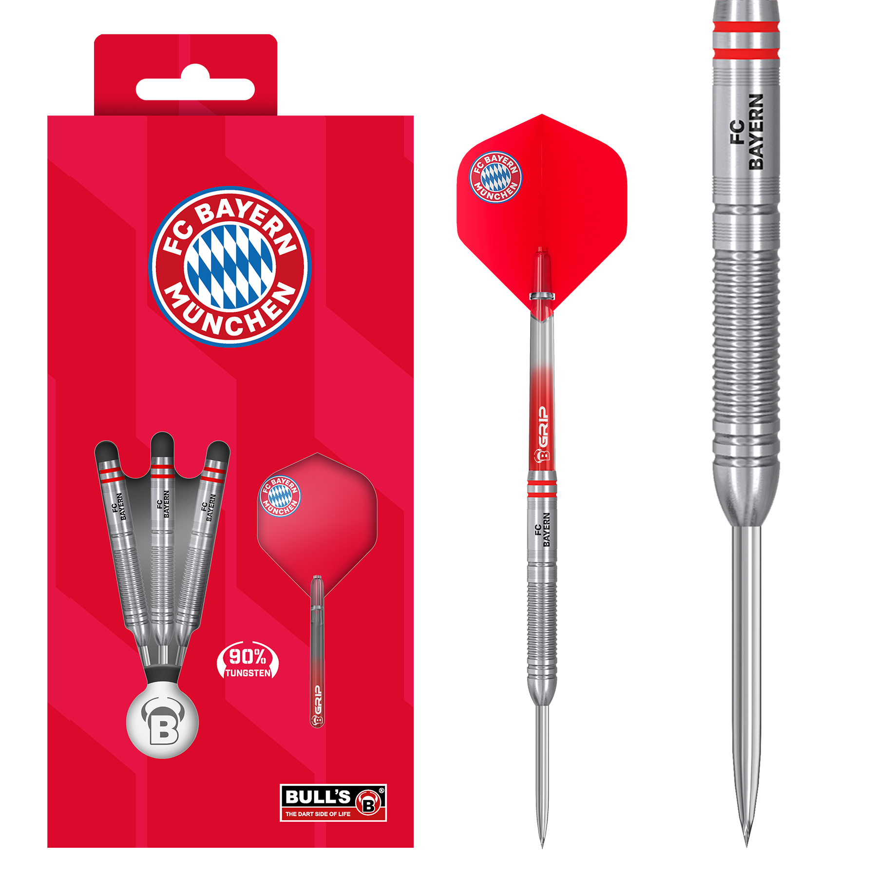 Das Bild zeigt den BULL'S® FC Bayern München Tgst Steel Dart 24g. Der Dartpfeil richtet sich an Anhänger von Bayern München.