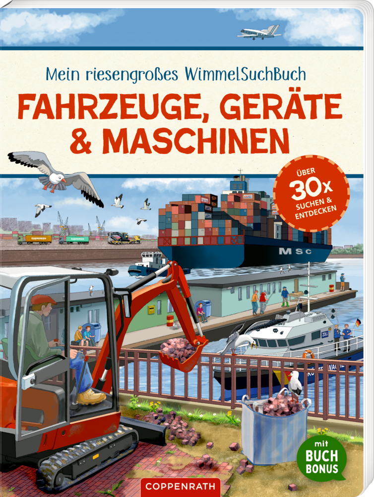 Das Bild zeigt das Produkt Wimmelsuchbuch Fahrzeuge, Geräte & Maschinen. Es enthält verschiedene Fahrzeuge, Geräte und Maschinen zum Entdecken.
