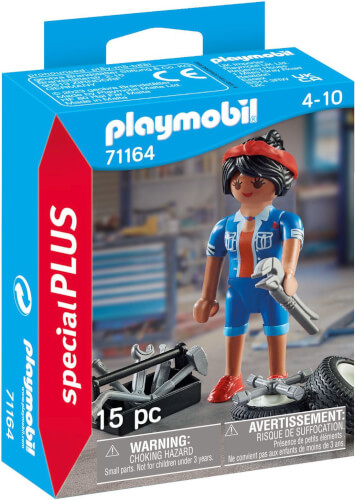 Auf dem Bild ist eine Playmobil-Figur als Mechanikerin zu sehen, die neben Autoteilen steht. Die Verpackung ist bunt und für Kinder von 4 bis 10 Jahren geeignet.