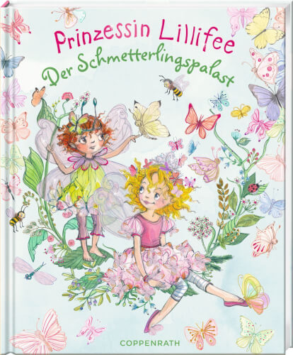 Auf dem Buchcover sind zwei Feen mit bunten Kleidern und Flügeln zu sehen, die von vielen Schmetterlingen umgeben sind. Der Titel des Buches lautet „Prinzessin Lillifee – Der Schmetterlingspalast“.