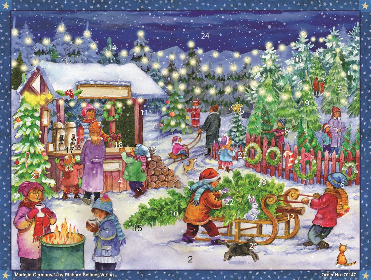Das Bild zeigt eine fröhliche Weihnachtsszene auf einem Weihnachtsbaumverkauf mit vielen Kindern und Erwachsenen im Schnee. Überall leuchten Lichter, und die Menschen kaufen Weihnachtsbäume und genießen heiße Getränke.