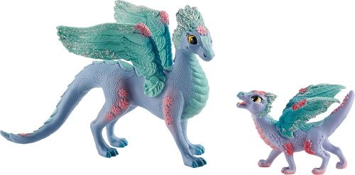 Auf dem Bild sind zwei fantasievolle Drachenfiguren zu sehen. Sie sind lila mit grünen Flügeln und haben rosa Verzierungen.