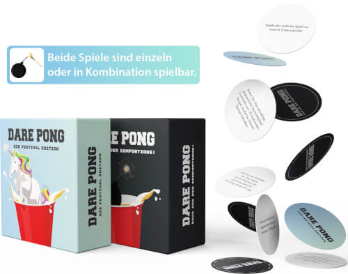Das Bild zeigt zwei Kartenspiele mit dem Namen "Dare Pong", eines in einer hellblauen und eines in einer schwarzen Box. Um die Boxen liegen runde Spielkarten mit verschiedenen Aufgaben, und im Bild steht, dass beide Spiele einzeln oder kombiniert spielbar