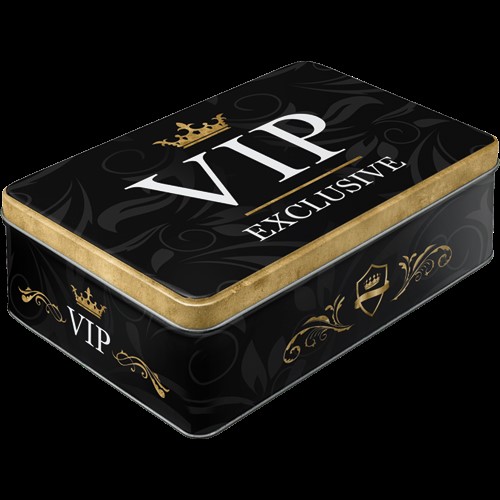 Die Abbildung zeigt eine rechteckige Vorratsdose mit der Aufschrift "VIP Exclusive" auf dem Deckel. Die Dose ist schwarz mit goldenen Verzierungen gestaltet.